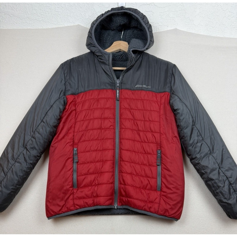 Eddie Bauer Kids Reversible Jacket L 14/16 Red Quilted Puffer Gray Sherpa Hoodie
